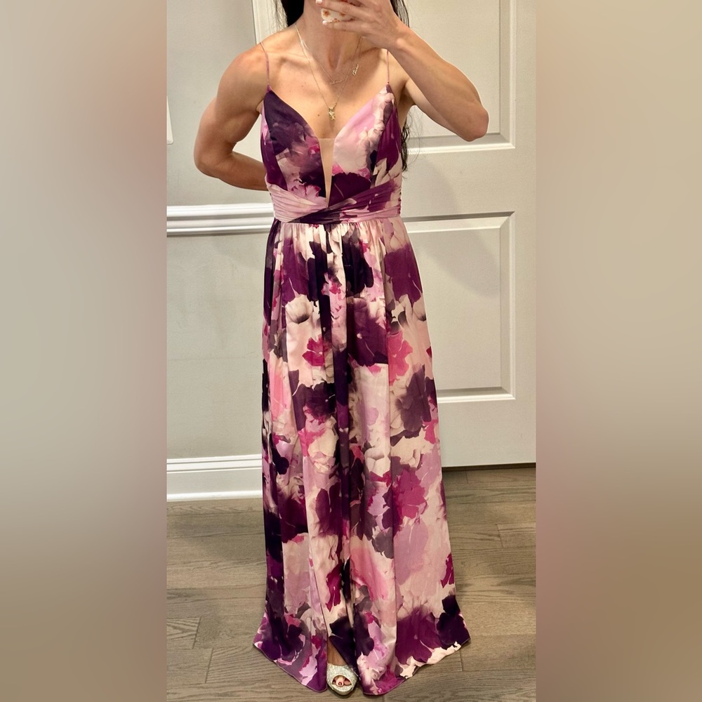 JS Collection Pink Purple Floral Plunging Neckline Flowy Slit Maxi Dress Formal